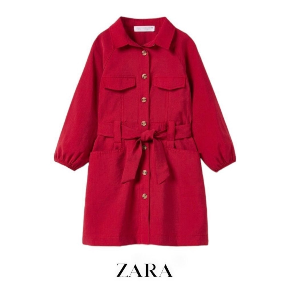 🪞 zara kids front button belt long sleeve pocket shirt dress in red